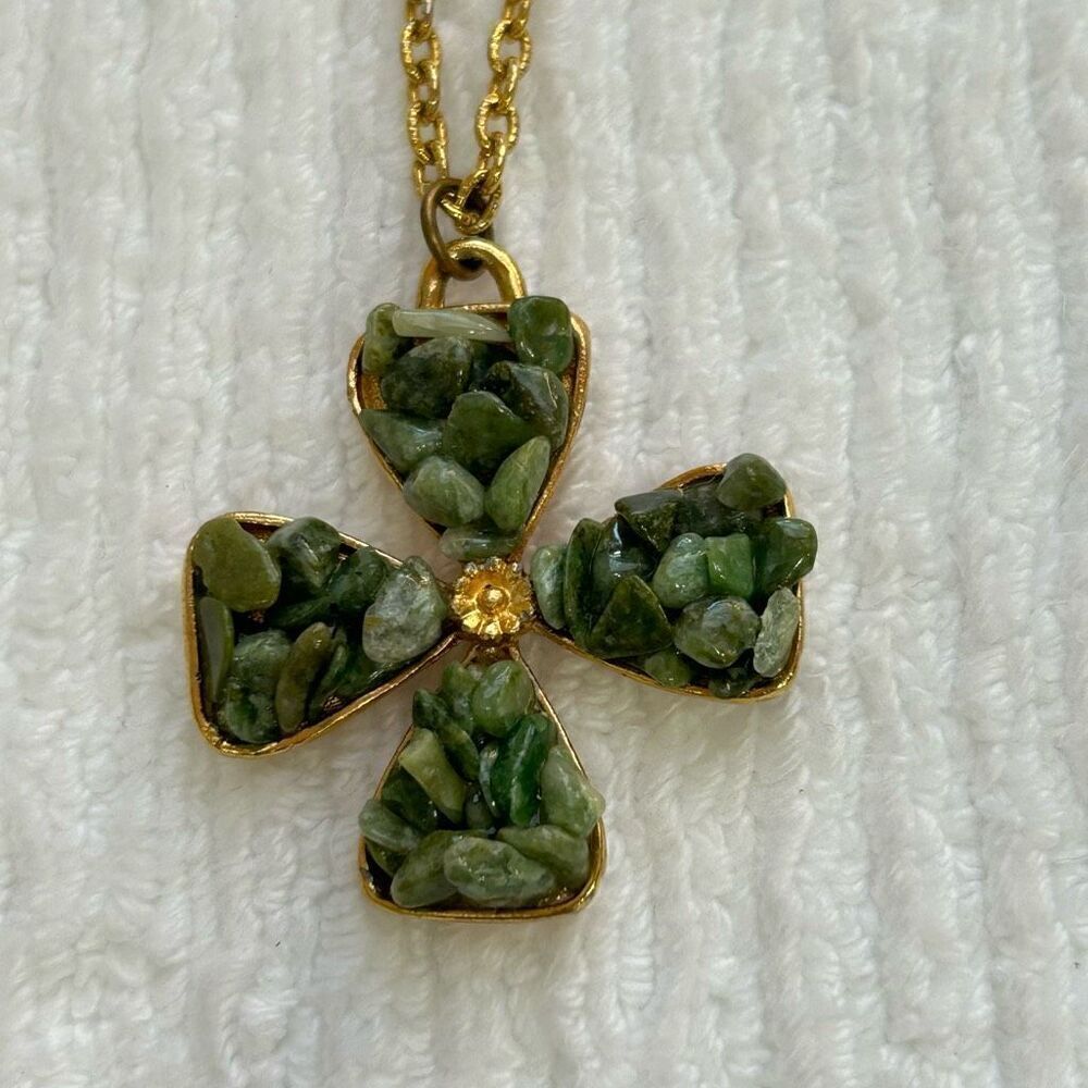 Vintage JEM Gemstone Chips Celtic Cross Necklace Maltese Goldtone Chain Signed